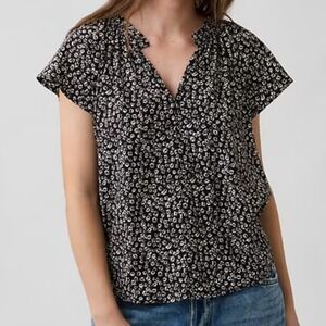 GAP Womens Ditsy Floral Print Ruffle V-Neck Flutter Sleeve Blouse Black XS Boho